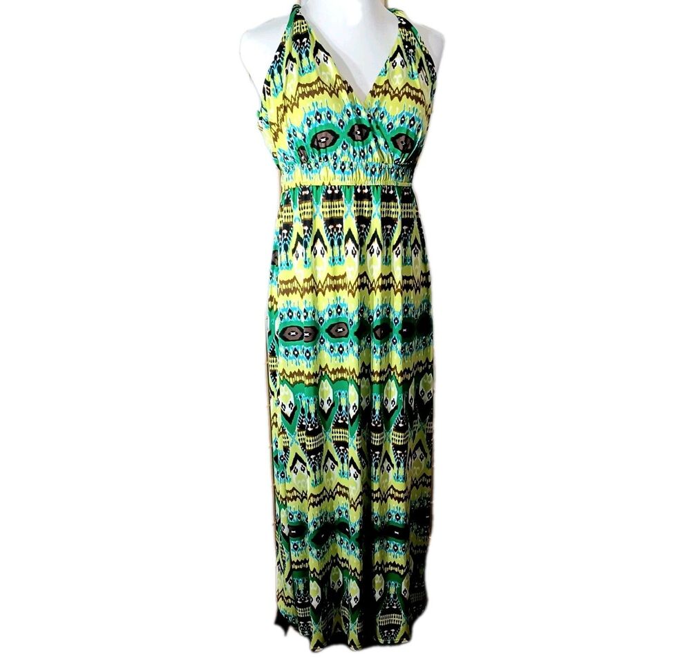 Glamor Green Tropical Print Resort Wear Maxi Dress Women's 16
